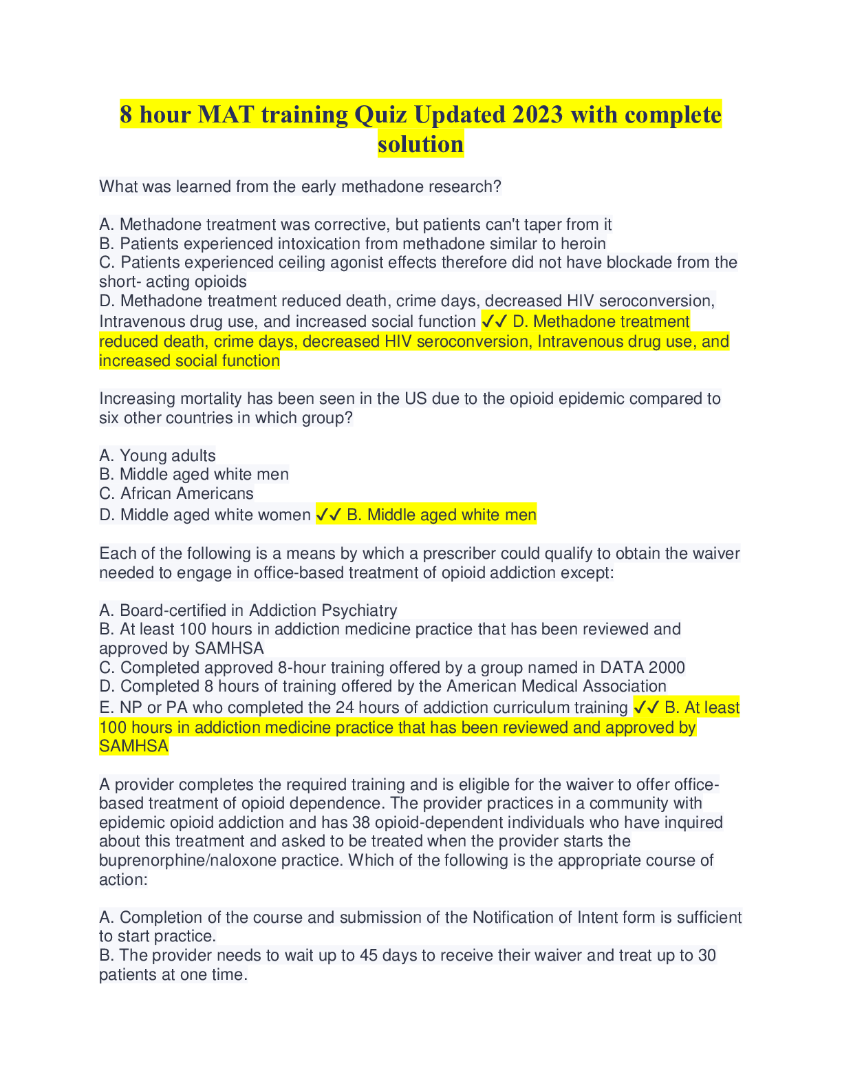 8 hour MAT training Quiz Updated 2023 with complete solution Browsegrades